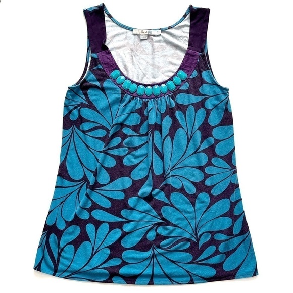 Boden Floral Stretch Jeweled Blue Tank Top Size 6 - Picture 1 of 6